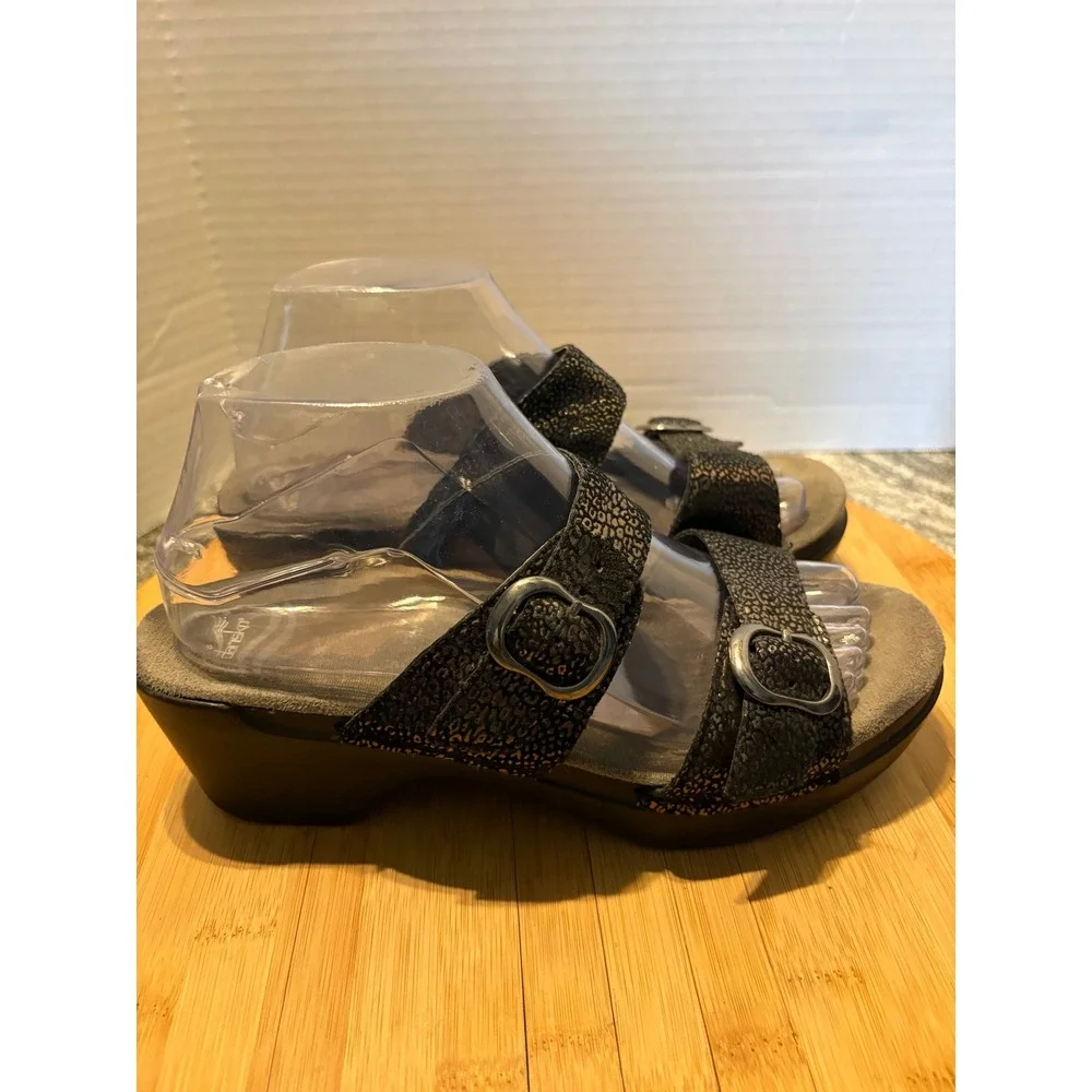 Dansko Womens Black Metallic Leopard Print Leather Wedge Slide Sandals Buckle